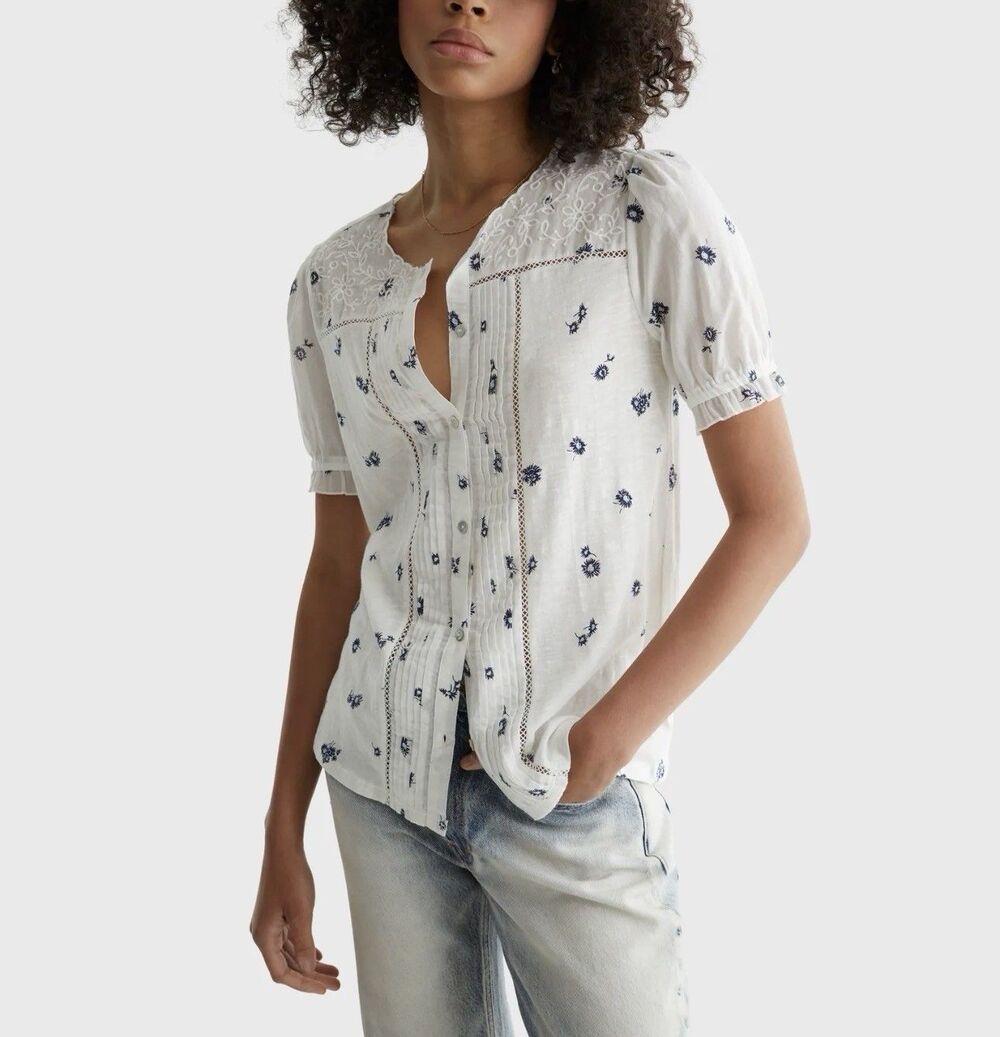 Lucky Brand Blouse Top Shirt XS Button Up Down Embroidery Peasant Floral Cottage